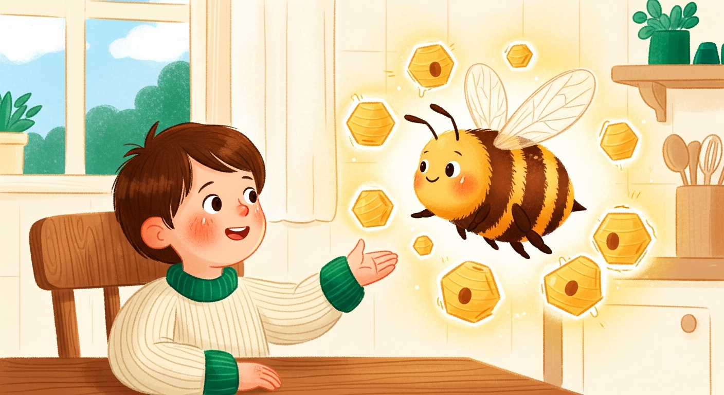 Cheerful child practicing spelling with a friendly bee